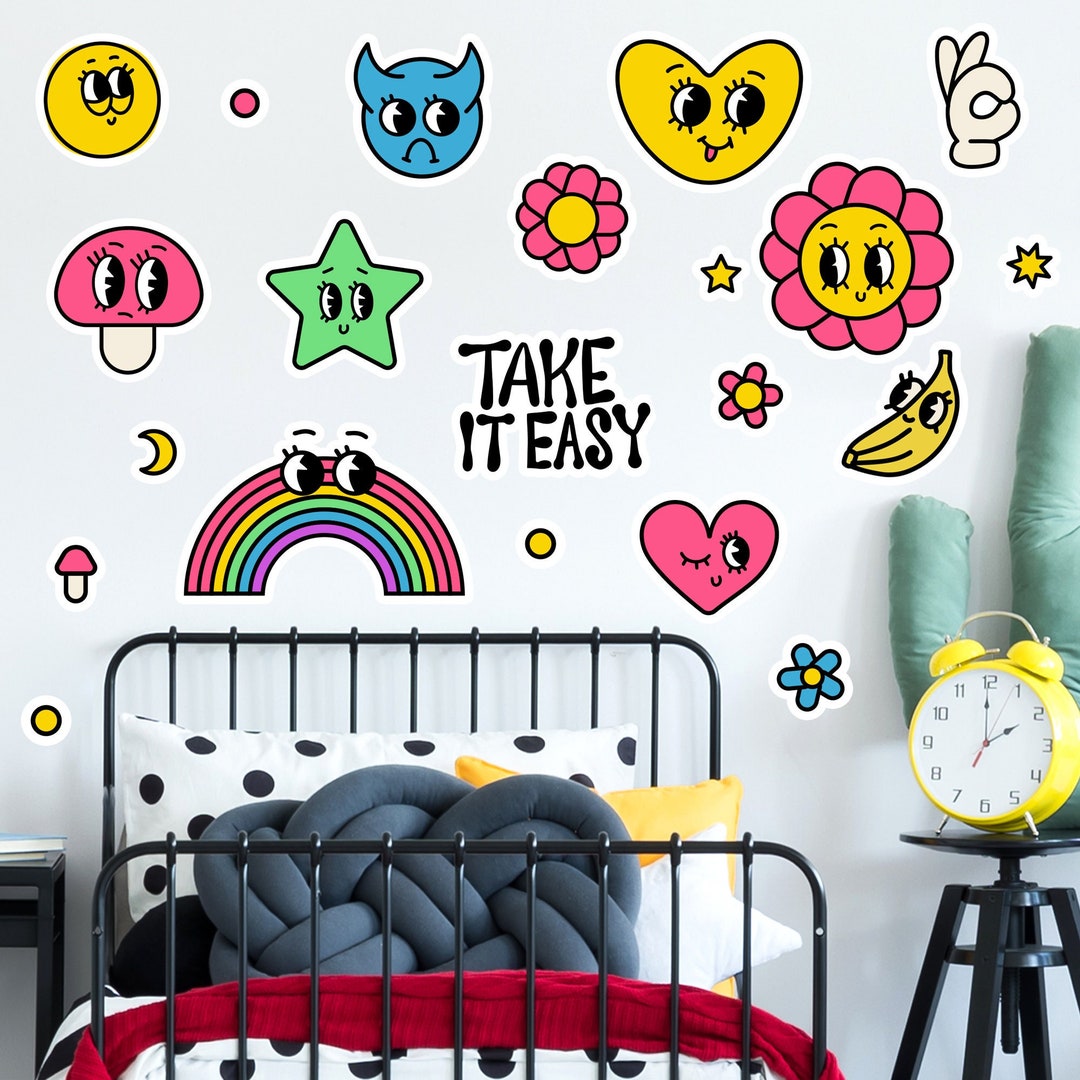 Rainbow Wall Sticker - Retro Mascot Wall Decal Set Colour Art - Etsy