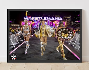 Impresión de WWE, Jade Cargill, Bianca Belair y Naomi, Póster de entrada de WrestleMania, Arte de pared de lucha libre