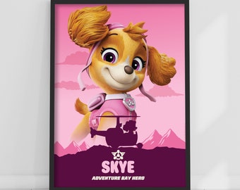May include: A pink and purple cartoon dog with brown hair wearing a pink pilot's helmet and a pink vest. The dog is standing in front of a purple silhouette of a helicopter with the words "SKYE ADVENTURE BAY HERO" below.