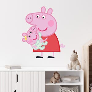 Adesivo de parede Peppa Pig - Adesivo de parede Peppa segurando o bebê Evie, arte infantil
