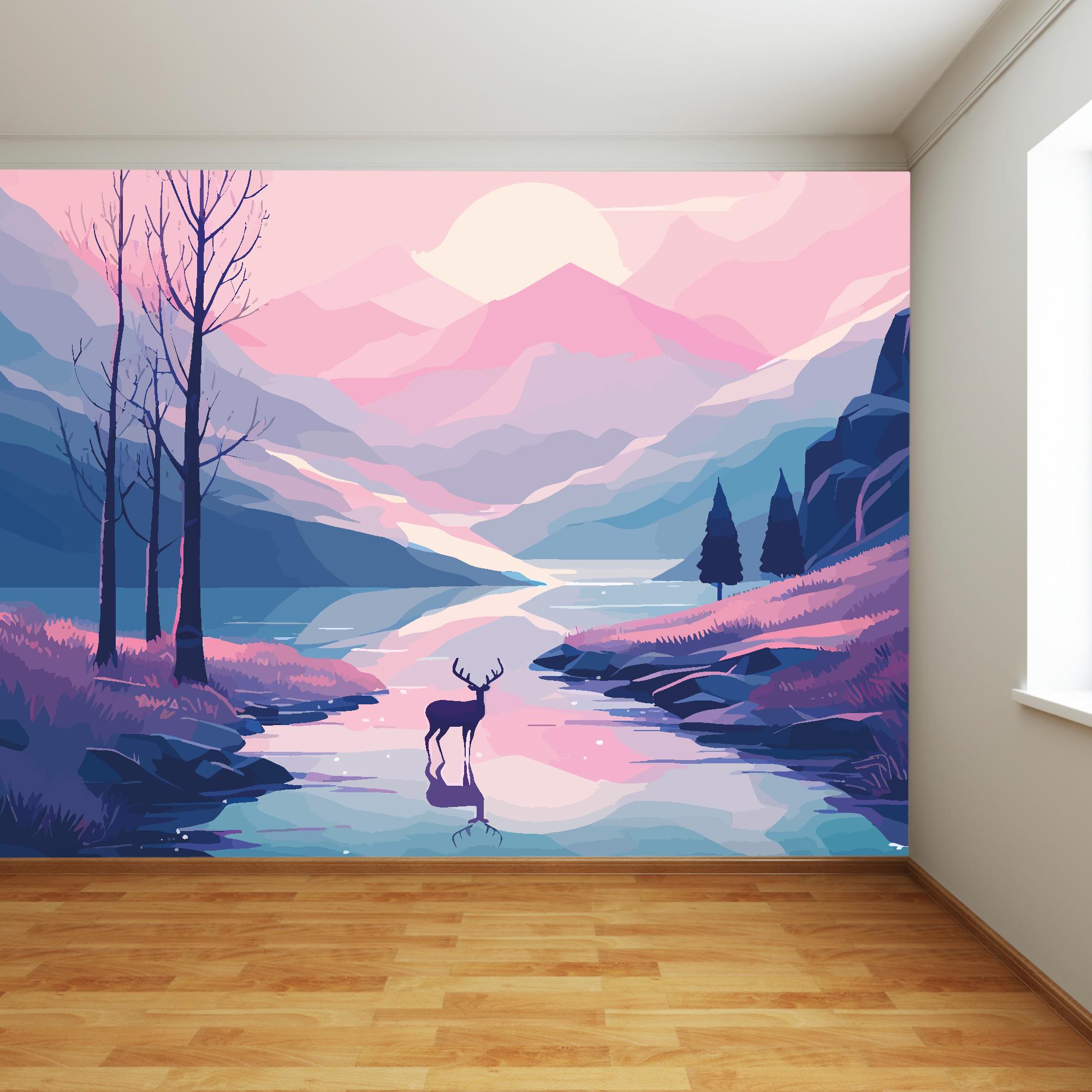 動物のフルウォールミューラル - 谷間の鹿の壁画 - Etsy 日本 Niwo Art 鹿 ピンク, image size:2000x2000
