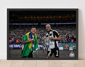 Newcastle United Cup Winners Print - Bruno and Joelinton with Trophy Poster