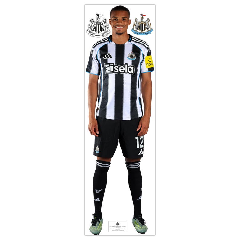 May include: A person wearing a Newcastle United soccer uniform. The black and white striped jersey has the "Sela" logo. The shorts are black, and the socks are black with white stripes. The number 12 is on the shorts.