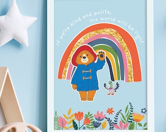 Impresión para televisión del oso Paddington: Impresión de arte mural con arcoíris amable y educado
