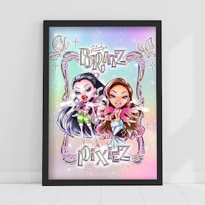 May include: Framed print featuring two stylized Bratz Pixiez characters. The artwork showcases the characters with long hair, vibrant makeup, and fairy-like wings. The background is a gradient of pastel colors with the words "Bratz Pixiez" in a decorative font.