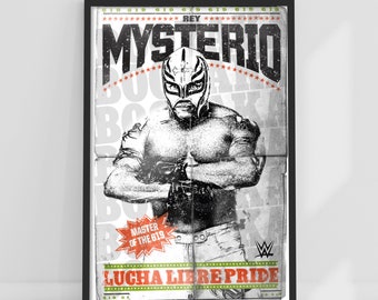 May include: A black and white poster with a wrestler wearing a white mask. The poster has the text "REY MYSTERIO" in large, bold letters. The text "MASTER OF THE 619" is in a smaller font and a red box. The poster also has the text "LUCHA LIBRE PRIDE" in green and white.