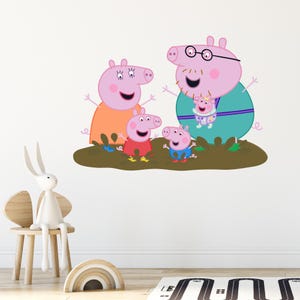 Adesivo de parede Peppa Pig - Peppa e família pulando em poças de lama Adesivo de parede Arte infantil