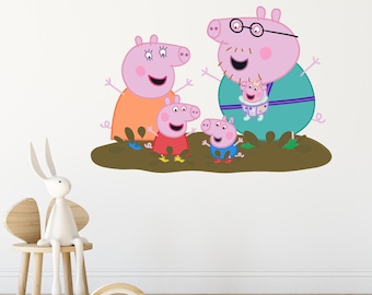 Peppa Pig Wall Sticker - Peppa and Family Jumping In Muddy Puddles Wall Decal Kids Art