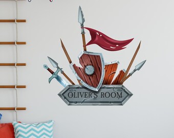Mittelalterlicher Wandaufkleber - Schild und Speere - Personalisiertes Abziehbild-Wandkunst