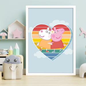 Peppa Pig Print - Peppa and Suzy Rainbow Heart and Clouds Poster Wall Art