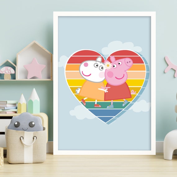 Peppa Pig Print - Peppa and Suzy Rainbow Heart and Clouds Poster