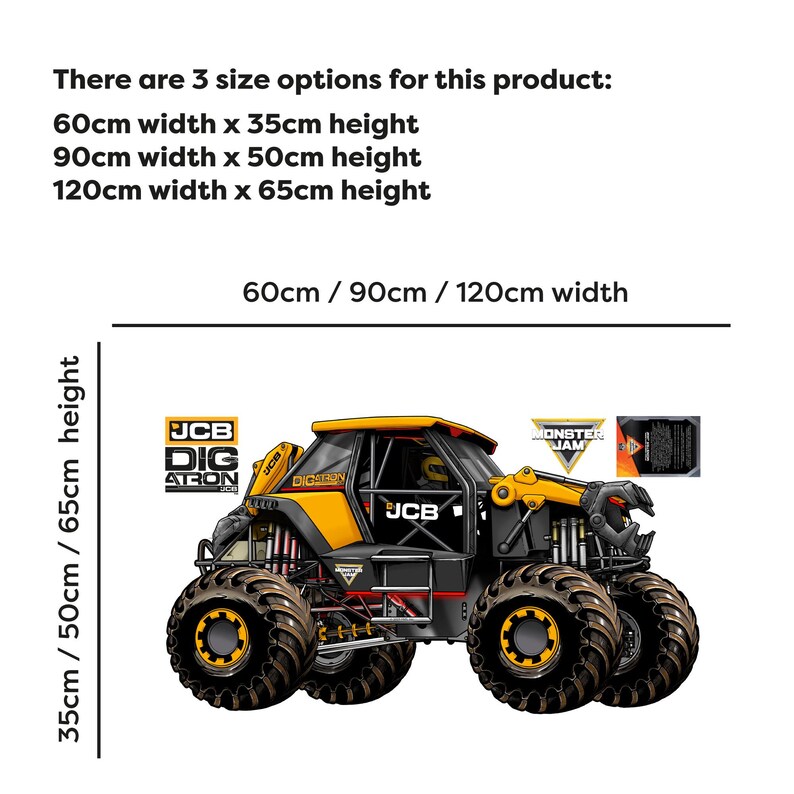 Op de afbeelding: Een gele en zwarte monstertruck met grote banden. De afbeelding bevat tekst met drie maatopties: 60 cm x 35 cm, 90 cm x 50 cm en 120 cm x 65 cm. De truck heeft "JCB" en "DIGITRON" branding.