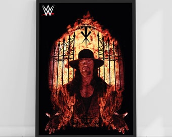 May include: A black and white image of a wrestler in a black hat standing in front of a fiery gate with the letters "T.I." in the center. The wrestler is surrounded by flames and the image has a grunge effect.