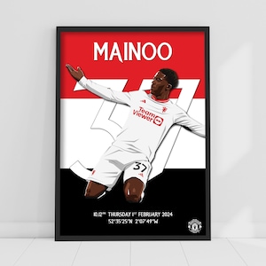 Manchester United FC Print - Mainoo 23/24 Wolven Doel Viering Illustratie Poster Voetbal Kunst aan de muur