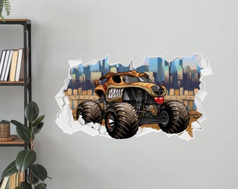 Adhesivo de pared de Monster Jam: un monstruo muto conduciendo por una pared rota