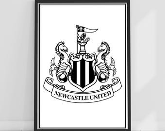 May include: Black and white print of the Newcastle United Football Club crest. The crest features a shield with black and white stripes, two black and white seahorses, and a crown on top of the shield. The text "NEWCASTLE UNITED" is below the shield.