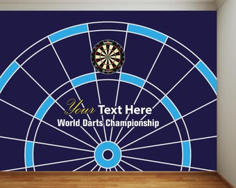 May include: A blue and white dartboard wall mural with the text "Your Text Here World Darts Championship".