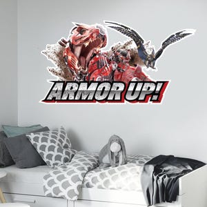 May include: A wall decal featuring a red and silver robotic dinosaur and a robotic bird, with the text "ARMOR UP!" in a bold, outlined font. The decal is designed to be placed on a wall, above a bed with pillows and a stuffed animal.