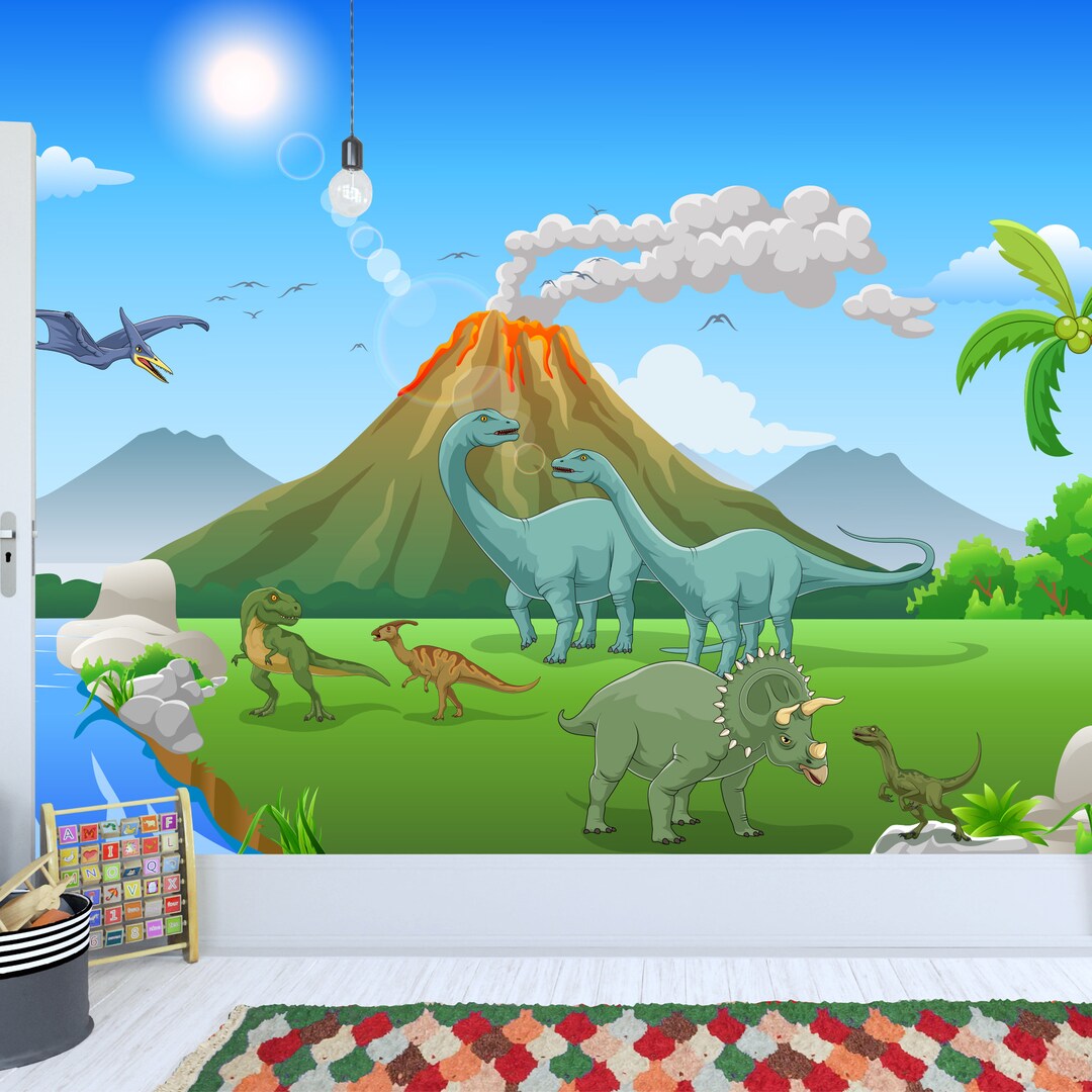 Dinosaur Wall Mural Cartoon Dinosaur Land With Erupting Volcano Full