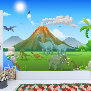 Carta da parati murale con dinosauri - Terra dei dinosauri dei cartoni animati con vulcano in eruzione, carta da parati murale completa per la stanza dei bambini