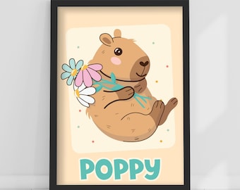 Capybara Print - Capybara Holding Flowers Personalised Poster Wall Art
