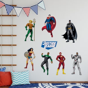 May include: Wall decals featuring Justice League characters, including Superman, Batman, Wonder Woman, Aquaman, The Flash, Green Lantern, and Cyborg. The decals are printed in vibrant colours and feature detailed illustrations of the characters.