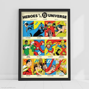 Könnte beinhalten: Gerahmtes Poster mit DC Comics-Superhelden, darunter Superman, Batman und Wonder Woman. Der Titel lautet "Heroes of the Universe" und zeigt das DC-Logo. Die Illustration ist im Vintage-Comic-Stil gehalten.