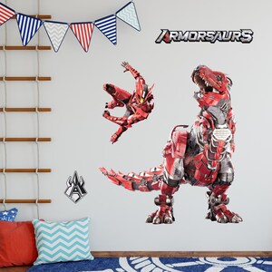 May include: Wall decals featuring a red and silver robotic T-Rex and a red robotic figure. The word "ARMORSAURS" is displayed above the figures. A decorative banner and a small logo are also present.