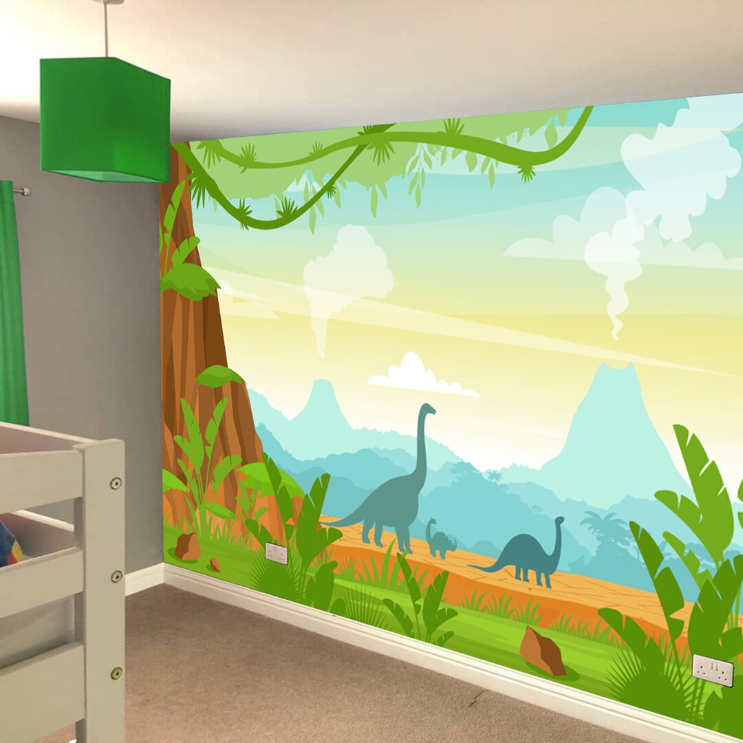 Dinosaur Wall Mural Dinosaur Silhouette Prehistoric Landscape Full Wall