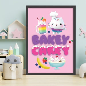 Gabby&#39;s Dollhouse Print - Cakey Cat Bakey Cakey Poster Kids Wall Art