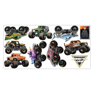 May include: A set of nine Monster Jam monster truck decals featuring various trucks with different designs and colors, including a green truck with a dragon design, a blue truck with a shark design, a pink truck with a unicorn design, and a brown truck with a monster design. The decals are printed on a white background and feature the Monster Jam logo.