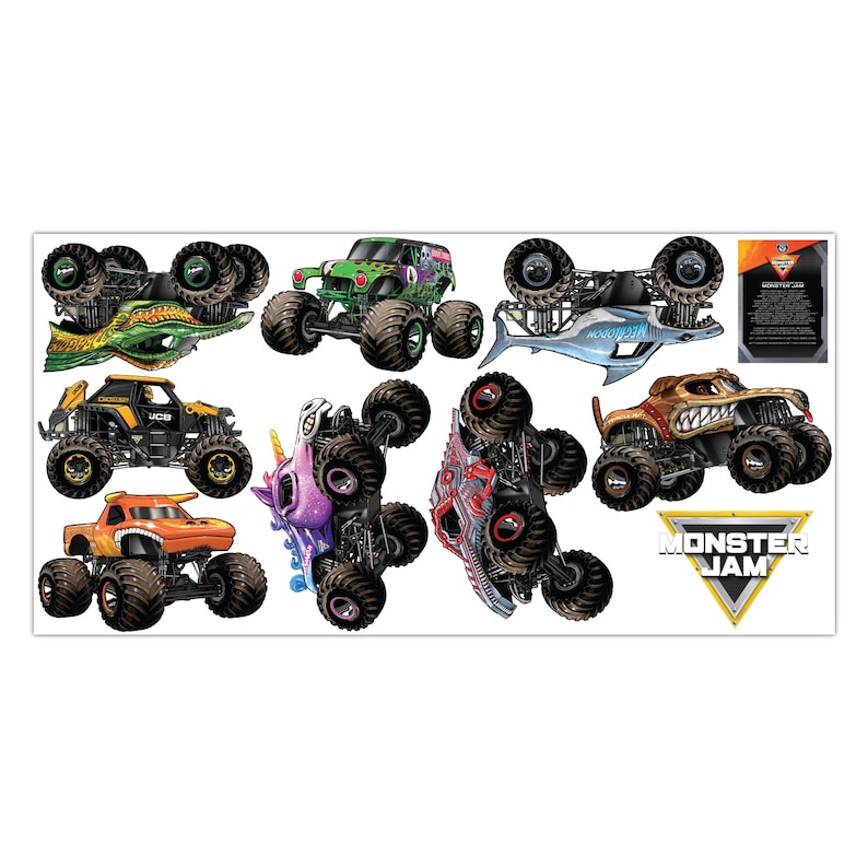May include: A set of nine Monster Jam monster truck decals featuring various trucks with different designs and colors, including a green truck with a dragon design, a blue truck with a shark design, a pink truck with a unicorn design, and a brown truck with a monster design. The decals are printed on a white background and feature the Monster Jam logo.