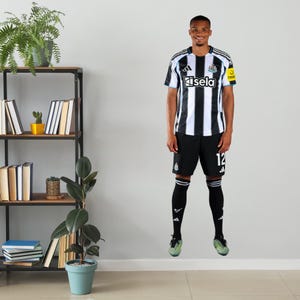 May include: A person wearing a black and white striped soccer jersey with the word "Isela" on the front. The person is also wearing black shorts with the number 12, black socks, and green cleats. The jersey has a yellow patch on the right sleeve.