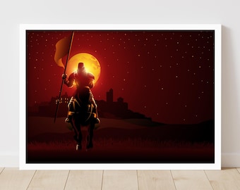 Lámina de arte mural medieval: Póster de caballero y atardecer