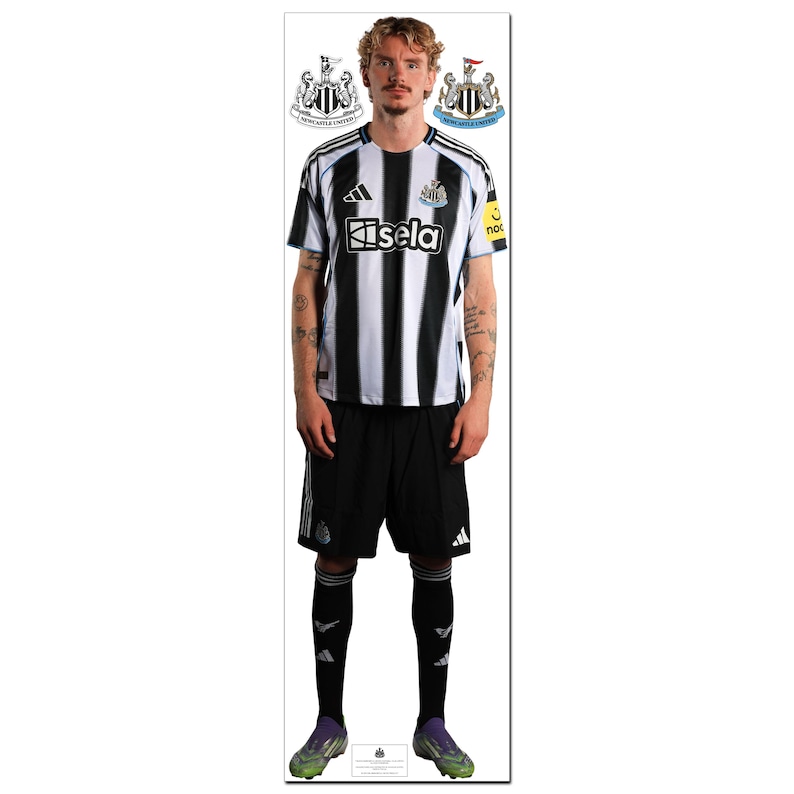 May include: A person wearing a black and white striped football shirt with the word "Sela" on the front, black shorts, and black socks. The shirt has the Newcastle United logo. The person is wearing green and purple football boots.