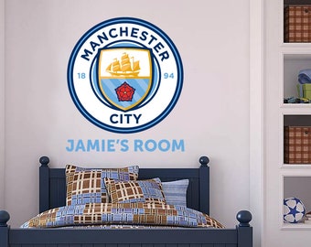 Manchester City Football Club - Personalised Name with Badge + Bonus Wall Sticker Set