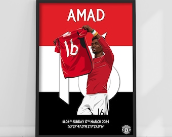 Manchester United FC Print - Amad Goal Celebration 24/25 Player Illustration Poster Football Wall Art