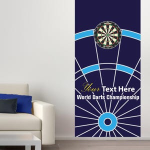 May include: A blue and white dartboard wall decal with the text "Your Text Here World Darts Championship".
