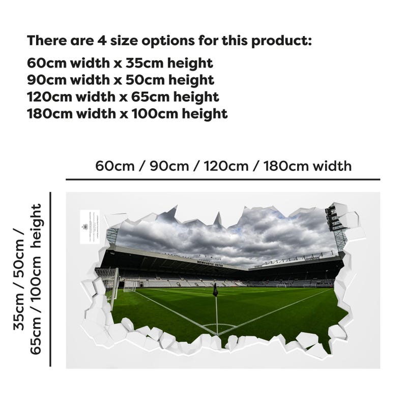 K&ouml;nnte beinhalten: Ein 3D-Wandaufkleber eines Fu&szlig;ballstadions mit einem zerrissenen Papiereffekt. Der Aufkleber ist in vier Gr&ouml;&szlig;en erh&auml;ltlich: 60 cm x 35 cm, 90 cm x 50 cm, 120 cm x 65 cm und 180 cm x 100 cm.