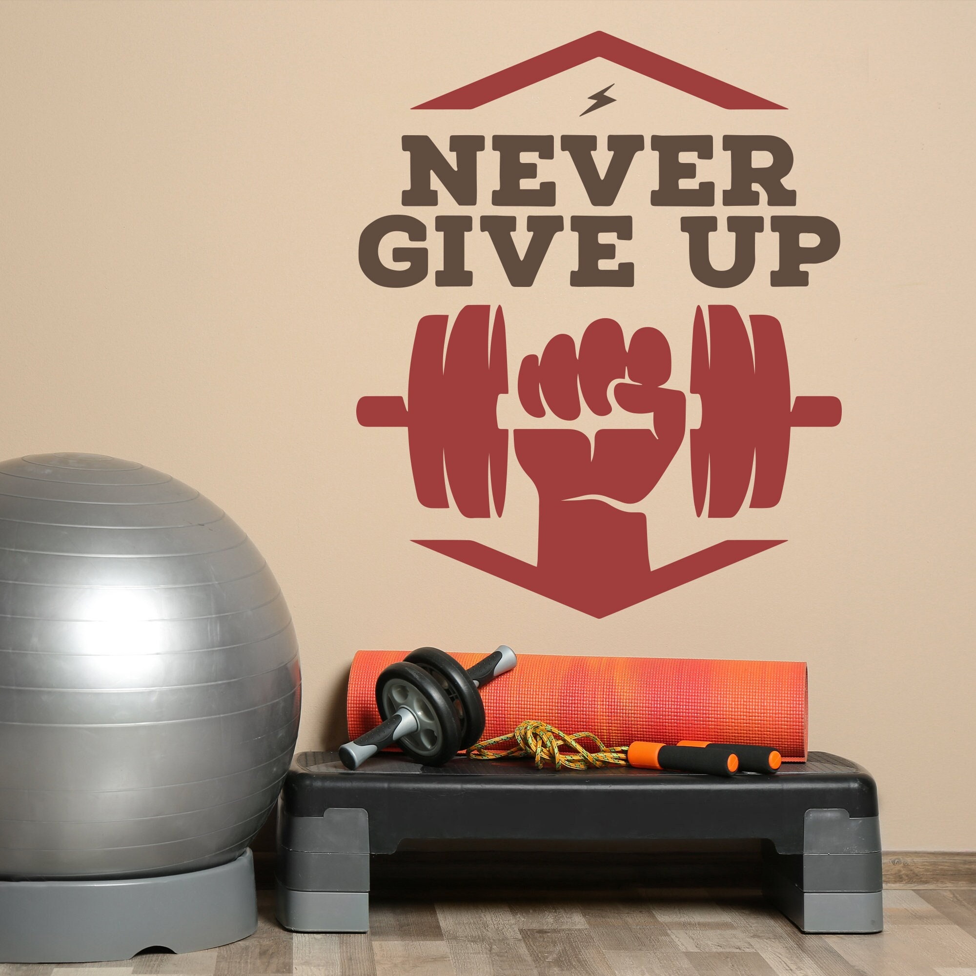 Gym Wall Sticker - Never Give up Dumbbell Power Quote Wall Decal