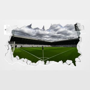 K&ouml;nnte beinhalten: Panoramablick auf ein Fu&szlig;ballstadion mit einem gr&uuml;nen Rasen, wei&szlig;en Linien und einem schwarzen Torpfosten. Das Stadion ist gr&ouml;&szlig;tenteils leer, mit wenigen Menschen auf den Trib&uuml;nen. Der Himmel ist bew&ouml;lkt und grau. Das Stadion hei&szlig;t "Newcastle United".