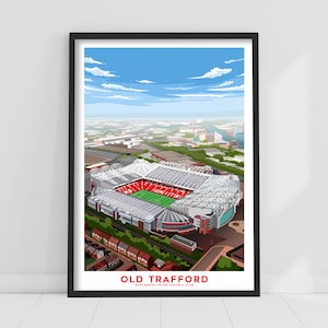 May include: An aerial view of Old Trafford, the home of Manchester United Football Club. The stadium is surrounded by a green field and a residential area. The sky is blue with white clouds.