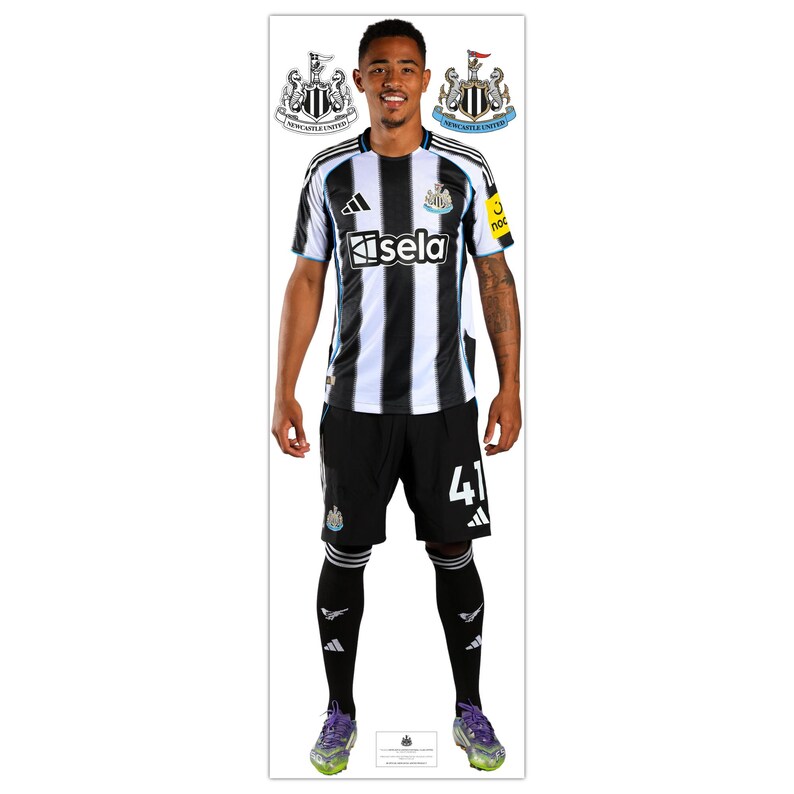 May include: A person wearing a black and white striped soccer jersey with the word "sela" on the front. The jersey has a Newcastle United logo. The person is also wearing black shorts, black socks, and purple sneakers. The number "41" is on the shorts.