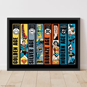 May include: A framed print displaying comic book covers from DC Comics. The print features the Golden, Silver, Bronze, and Modern Ages, with characters including Superman, Batman, and Wonder Woman. The artwork is set against a black background.