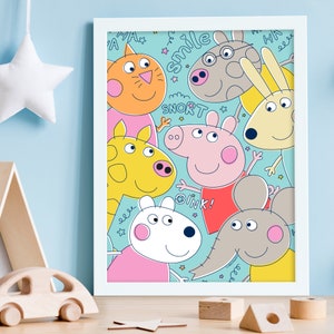 Könnte beinhalten: Eine bunte Illustration von Comic-Tieren, darunter ein Schwein, eine Katze, eine Giraffe, eine Maus und ein Hund. Die Tiere lächeln alle und haben unterschiedlich farbiges Fell. Die Illustration ist von Sternen und den Wörtern "smile", "snort", "oink" und "ha" umgeben.