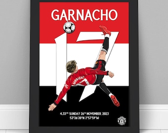 Manchester United FC Print - Garnacho Overhead Kick Illustration Poster Football Wall Art