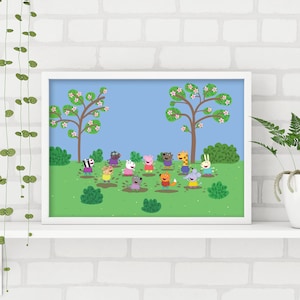 Peppa Pig Print - Peppa and Friends Jumping In Muddy Puddles Scene Poster Wall Art