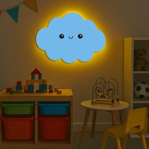 May include: A blue cloud-shaped wall light with a smiling face is mounted on a wall. The light has a yellow glow around the cloud. The room also features a wooden toy shelf, a small table, and a yellow chair.