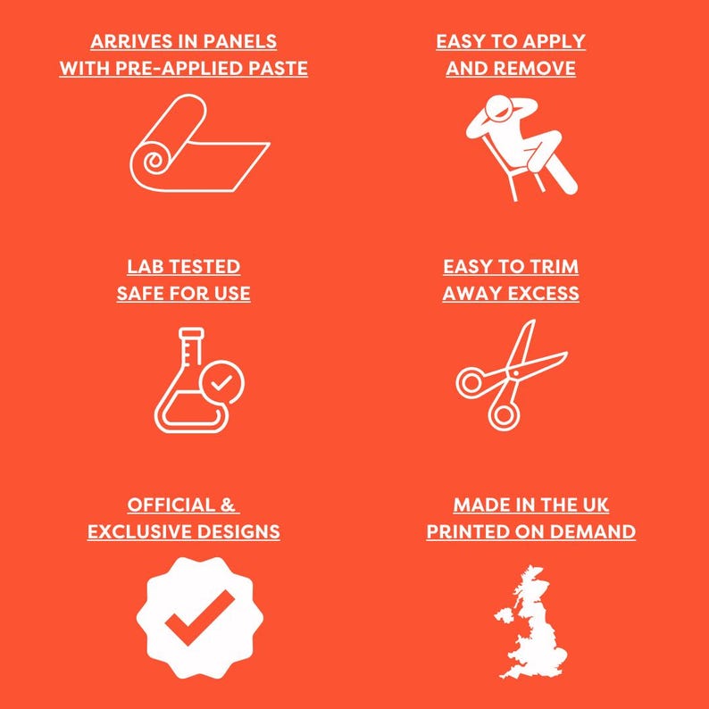 Puede incluir: &Iacute;conos blancos sobre un fondo naranja resaltan las caracter&iacute;sticas de las calcoman&iacute;as de pared extra&iacute;bles. Los iconos muestran un rollo de papel tapiz, una persona aplicando una calcoman&iacute;a, un par de tijeras, un matraz de laboratorio con una marca de verificaci&oacute;n, una marca de verificaci&oacute;n en un c&iacute;rculo y un mapa del Reino Unido. El texto dice "Arrives in panels with pre-applied paste", "Easy to apply and remove", "Easy to trim away excess", "Lab tested safe for use", "Official & exclusive designs", y "Made in the UK printed on demand."