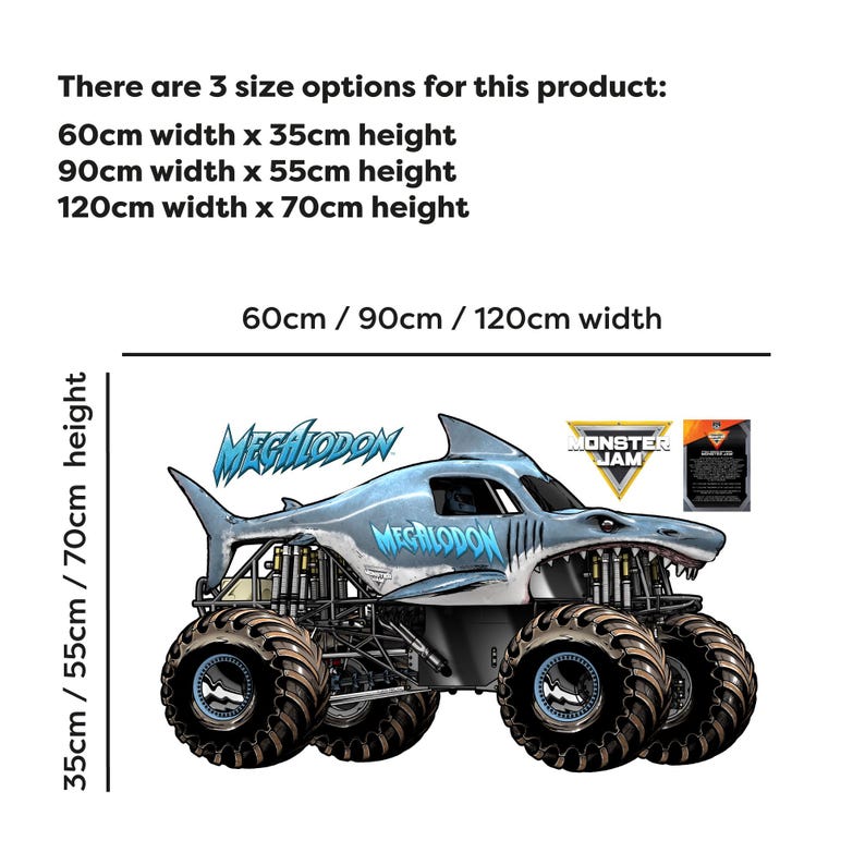 Op de afbeelding: Een lichtblauwe en grijze Megalodon monstertruck afbeelding met de tekst "Megalodon". De afbeelding bevat maatopties: 60 cm x 35 cm, 90 cm x 55 cm en 120 cm x 70 cm. Het Monster Jam logo is ook zichtbaar.